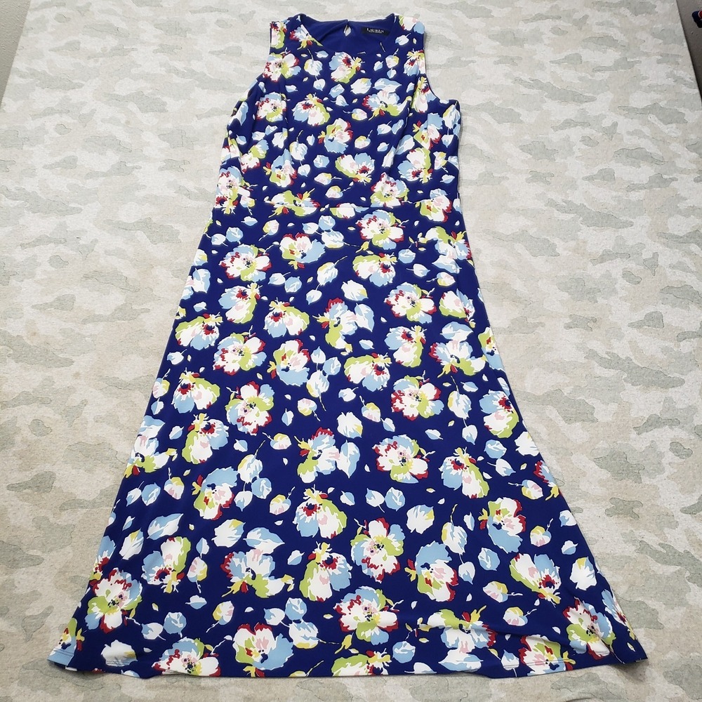 Lauren Ralph Lauren Dress Womens 16 Blue Maxi Floral Zip Sleeveless